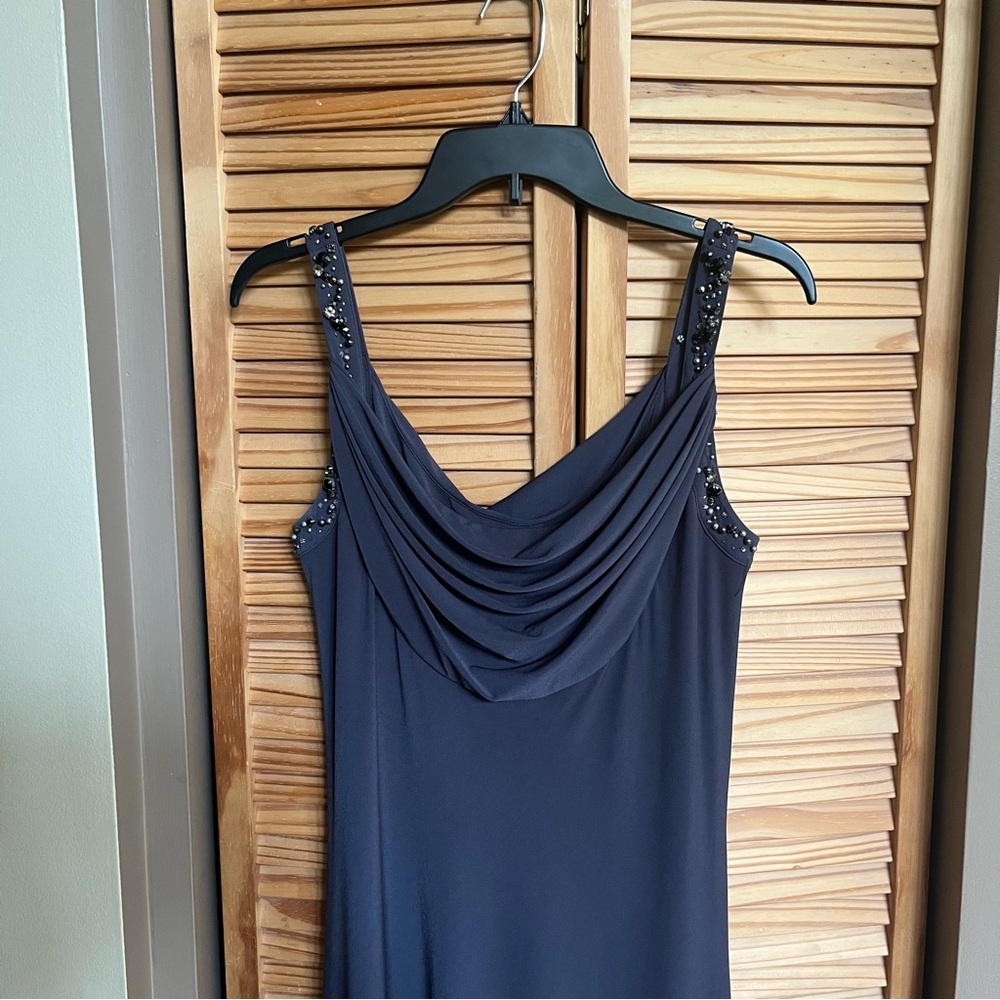 Calvin Klein Elegant Blue Sleeveless Dress Draped Neck Gems Beaded Straps Size 8 - Picture 2 of 11